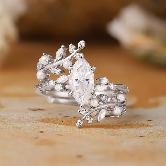 Vintage Milgrain Marquise Moissanite Enhancer Ring Set - Lorelei - GemsMagic