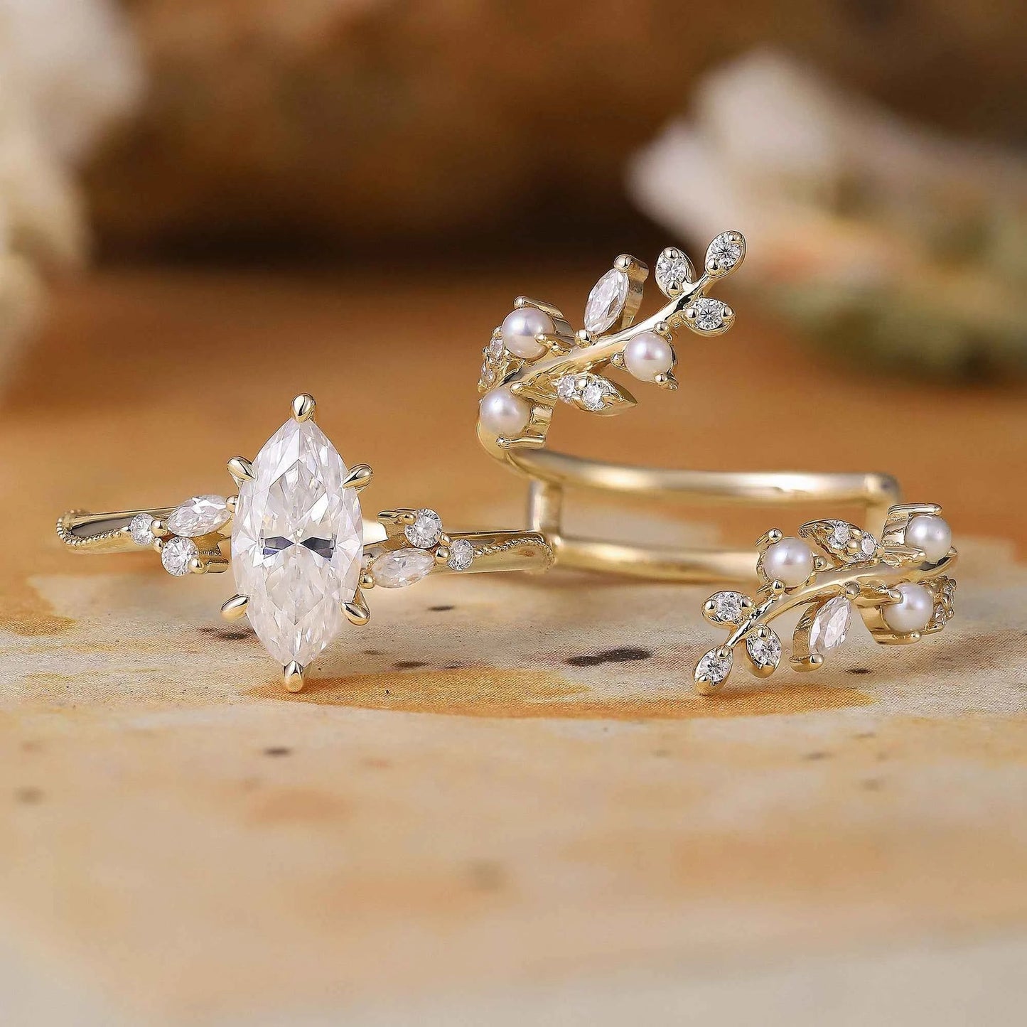 Vintage Milgrain Marquise Moissanite Enhancer Ring Set - Lorelei - GemsMagic