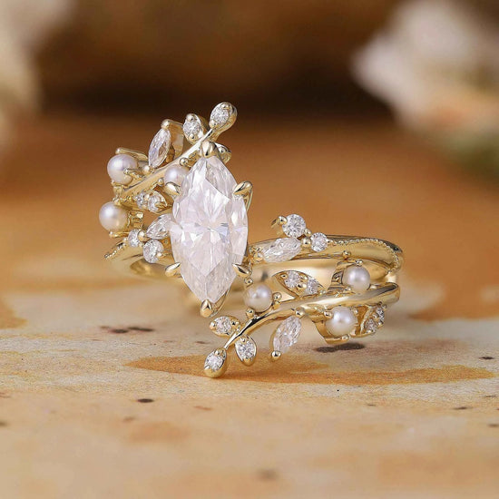 Vintage Milgrain Marquise Moissanite Enhancer Ring Set - Lorelei - GemsMagic