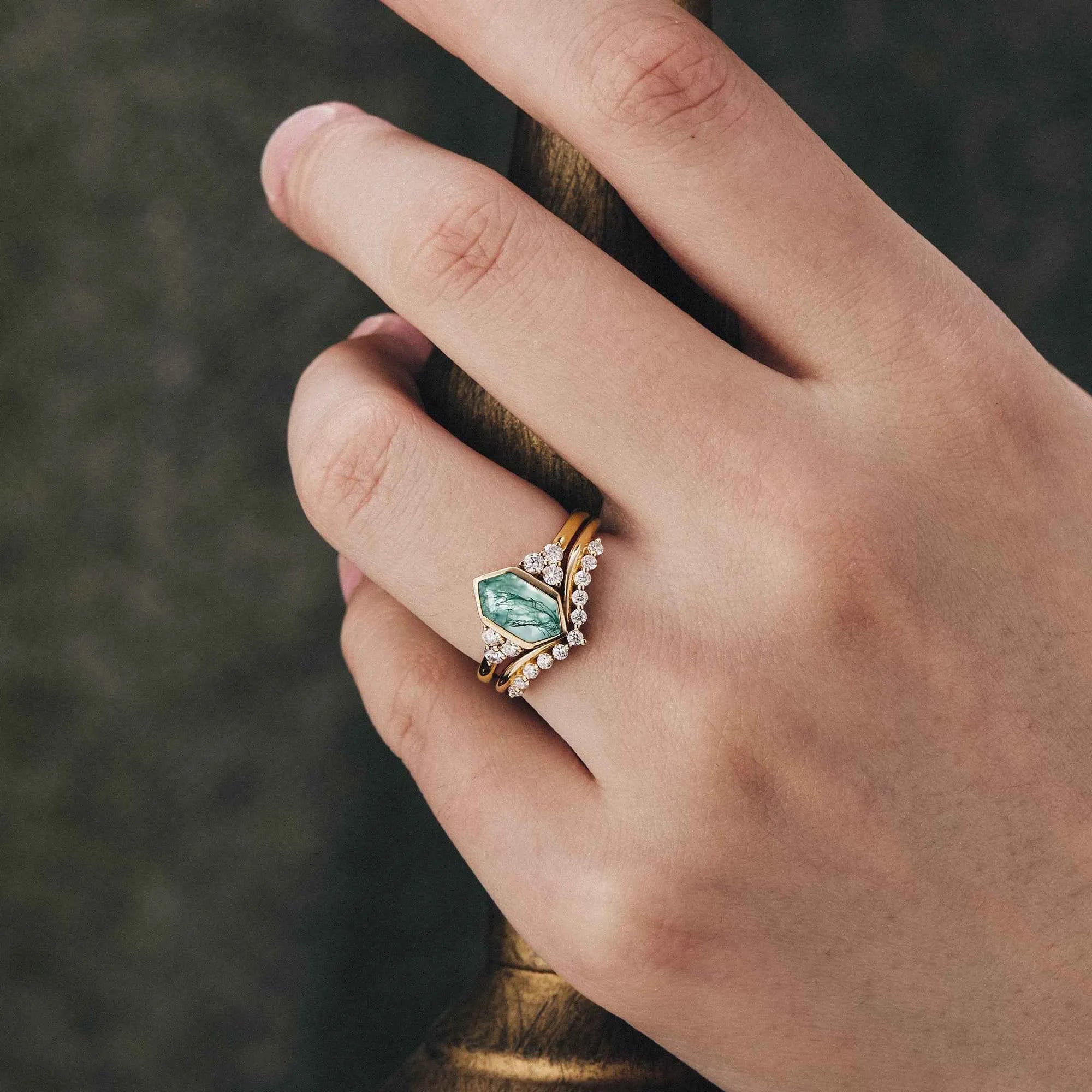 Vintage Moss Agate Engagement Ring Set 2pcs - GemsMagic - GemsMagic