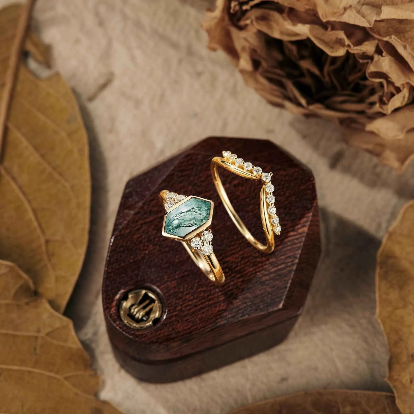 Vintage Moss Agate Engagement Ring Set 2pcs - GemsMagic - GemsMagic