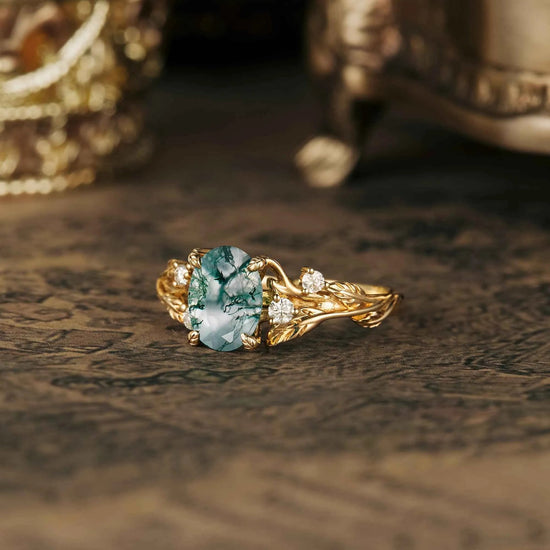 Vintage Moss Agate Leaf Floral Engagement Ring - GemsMagic - GemsMagic