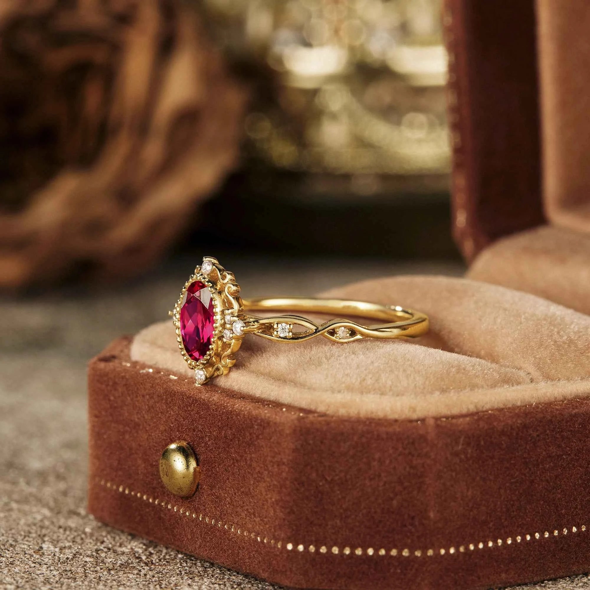 Vintage Oval Lab Ruby Milgrain Engagement ring - GemsMagic - GemsMagic