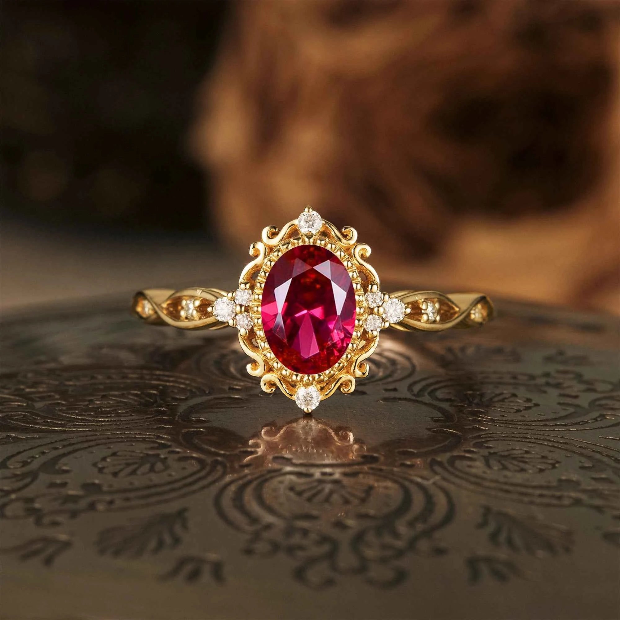 Vintage Oval Lab Ruby Milgrain Engagement ring - GemsMagic - GemsMagic