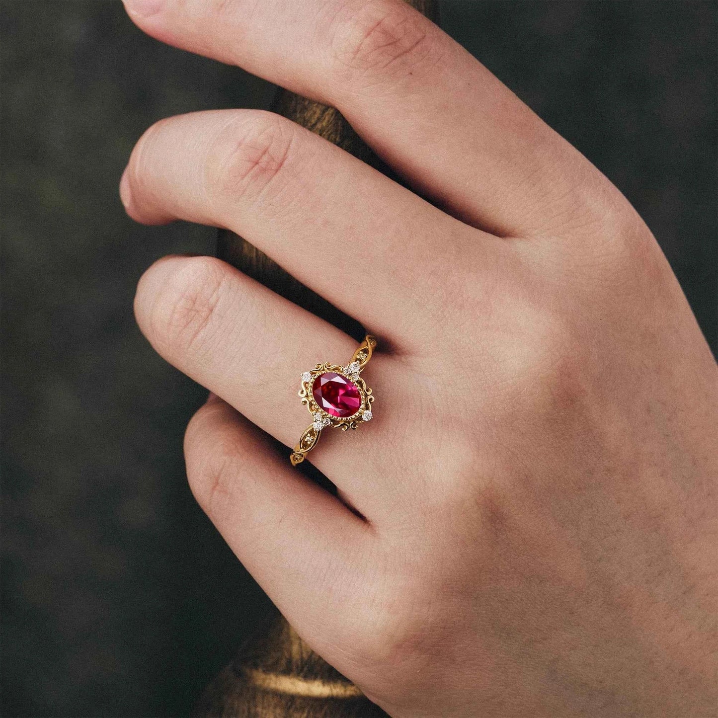 Vintage Oval Lab Ruby Milgrain Engagement ring - GemsMagic - GemsMagic