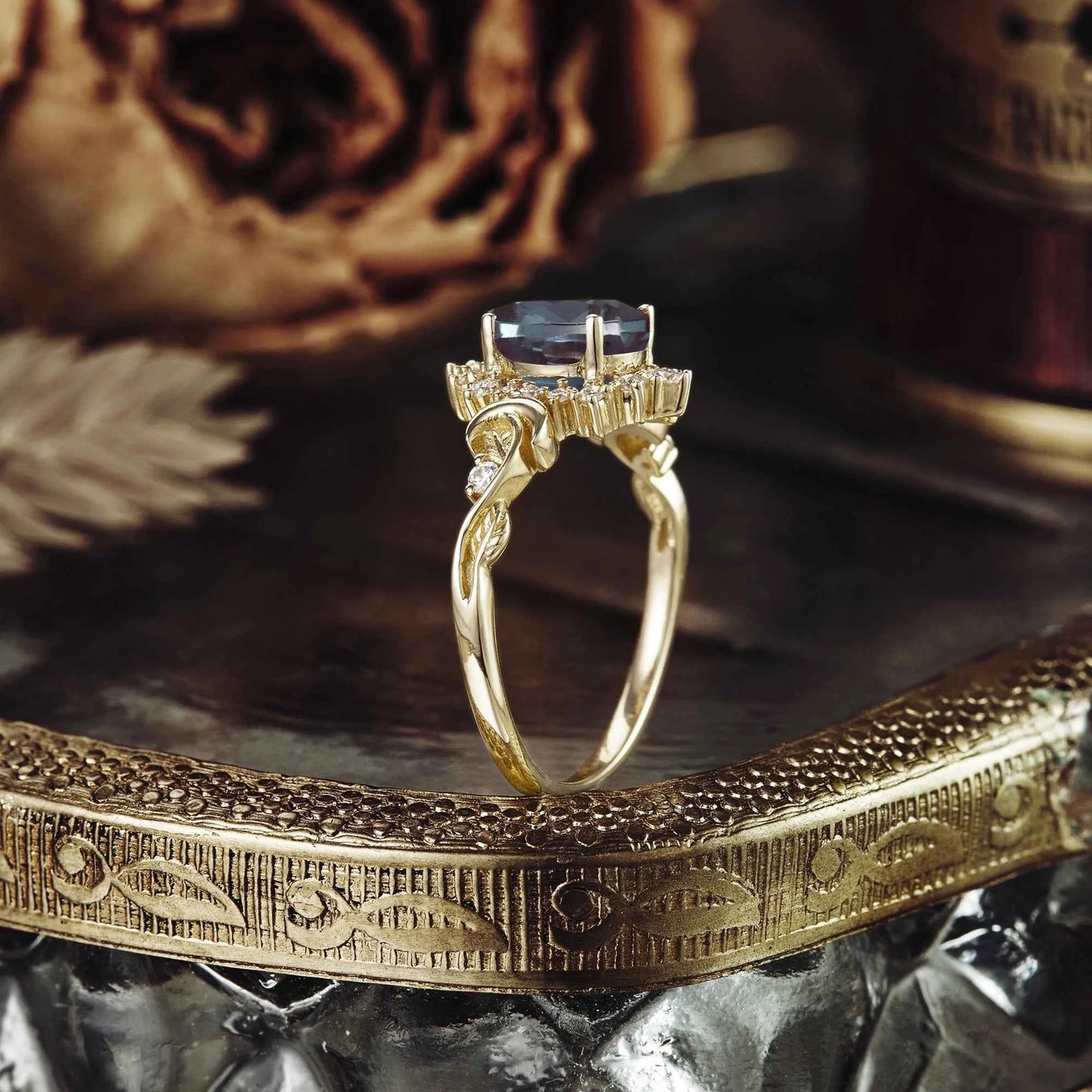 Vintage Pear Cut Alexandrite Nature Inspired Halo Engagement Ring - GemsMagic