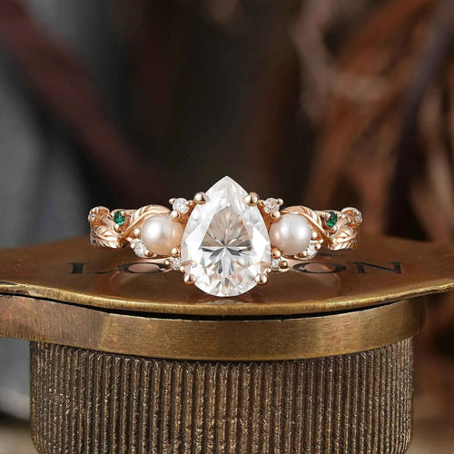 Vintage Pear Cut Moissanite And Pearl Leaf Engagement Ring