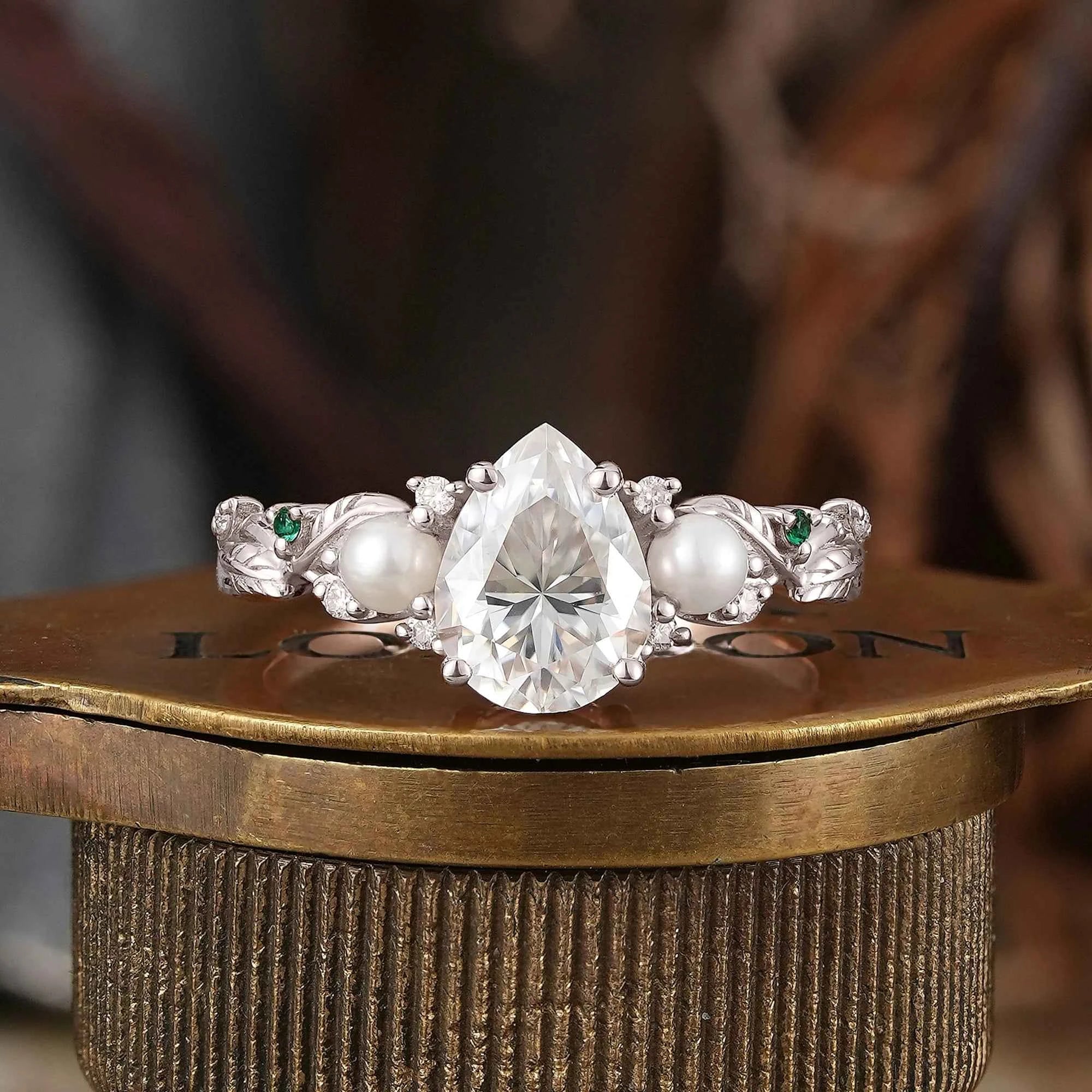 Vintage Pear Cut Moissanite And Pearl Leaf Engagement Ring - GemsMagic