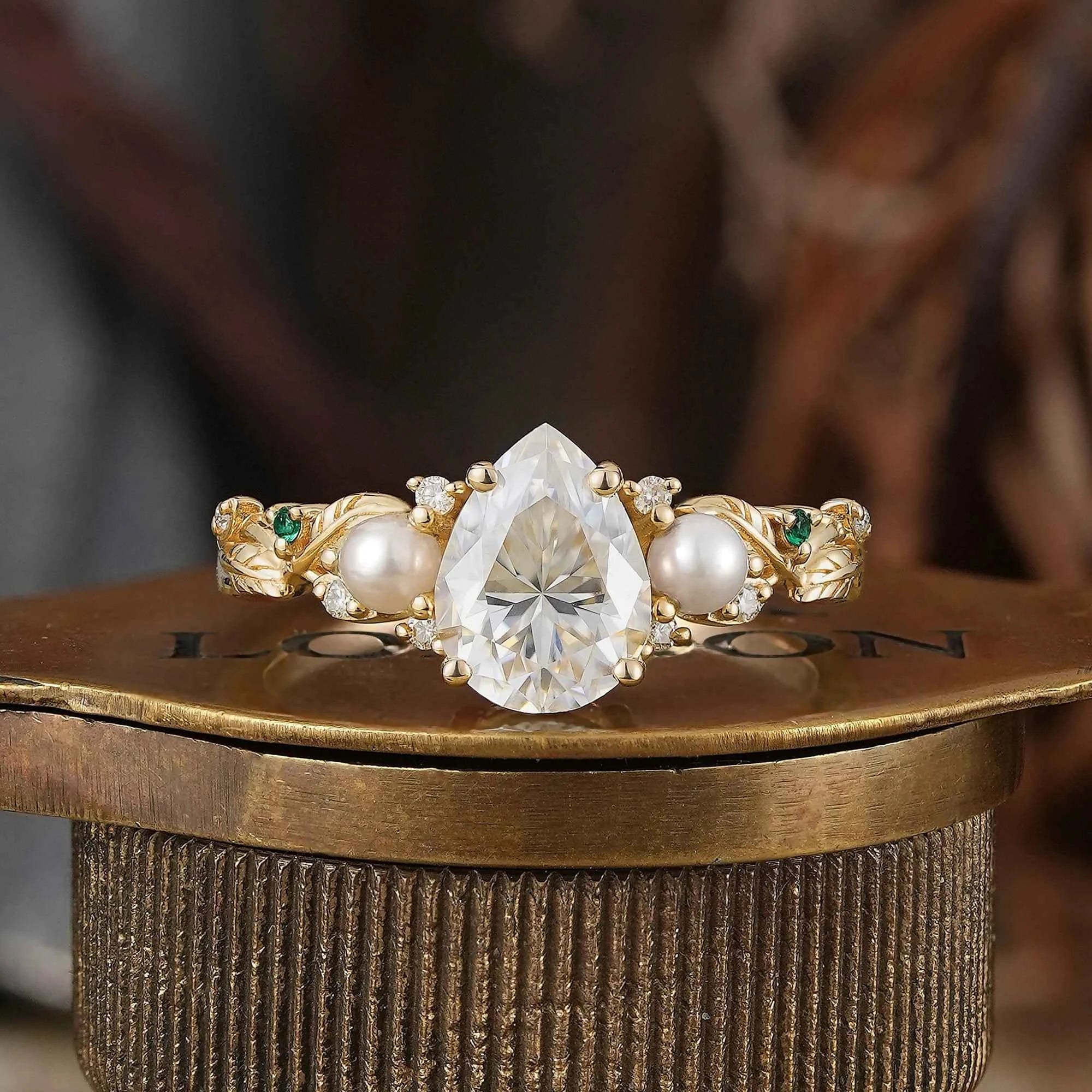 Vintage Pear Cut Moissanite And Pearl Leaf Engagement Ring - GemsMagic