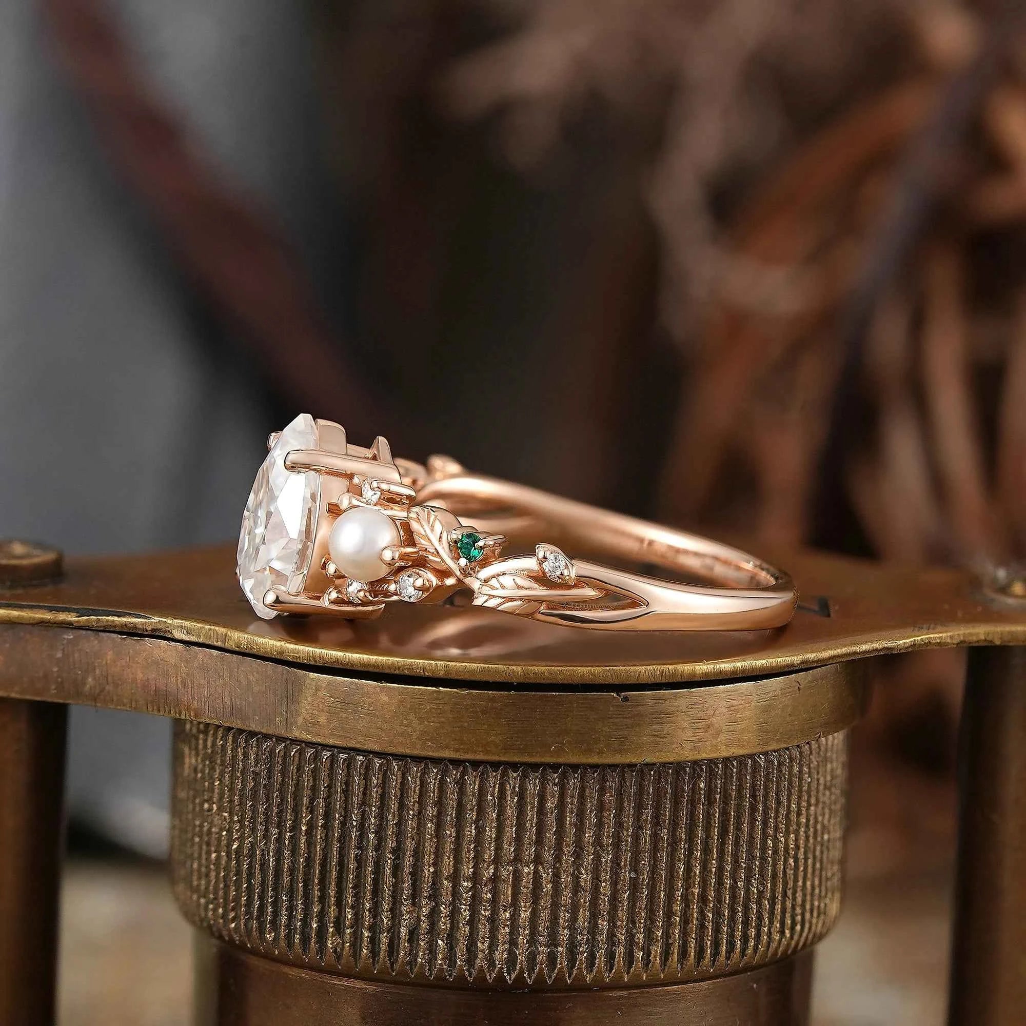 Vintage Pear Cut Moissanite And Pearl Leaf Engagement Ring - GemsMagic