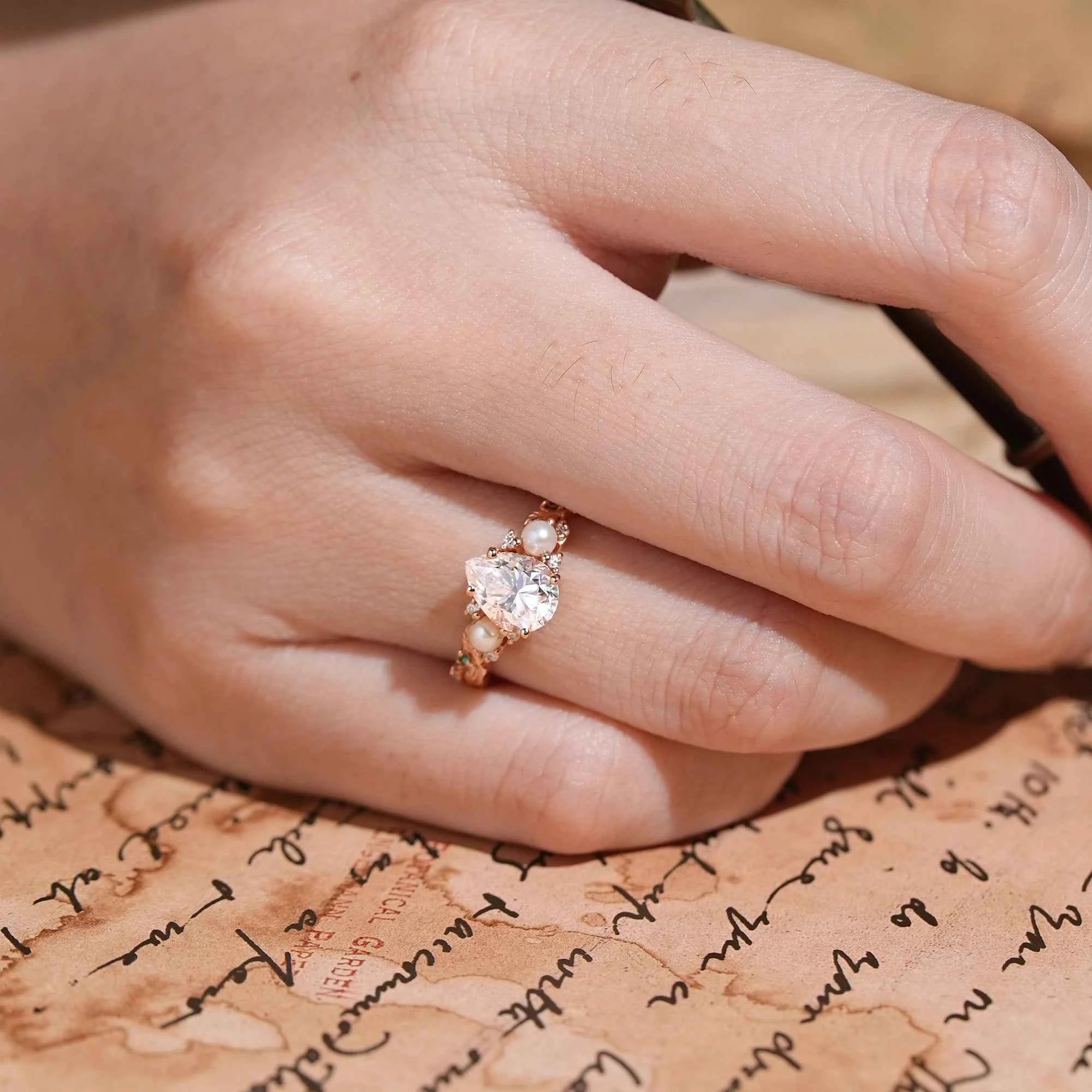 Vintage Pear Cut Moissanite And Pearl Leaf Engagement Ring - GemsMagic