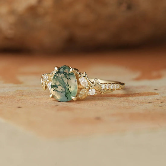 Vintage Pear Shaped Moss Agate Ring - Bryony - GemsMagic