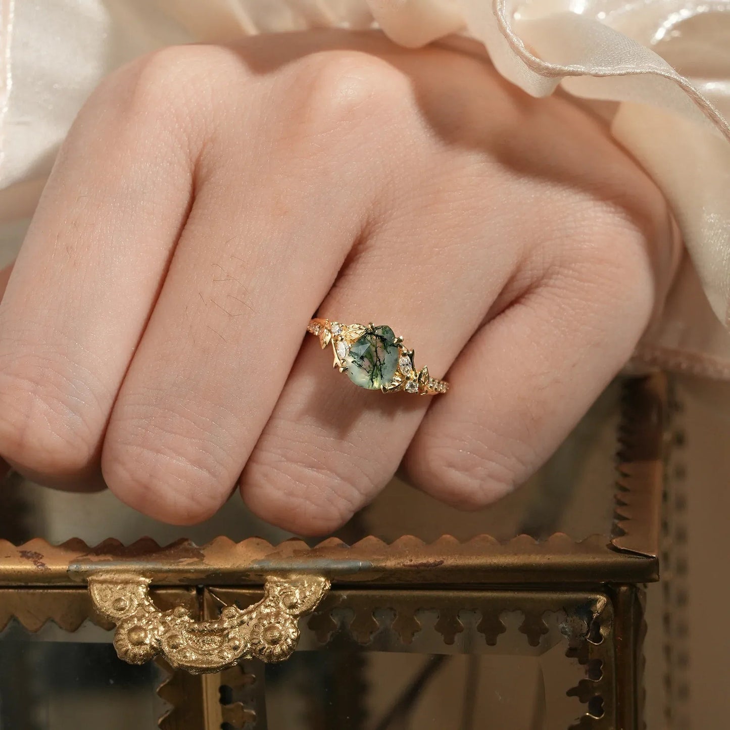 Vintage Pear Shaped Moss Agate Ring - Bryony - GemsMagic