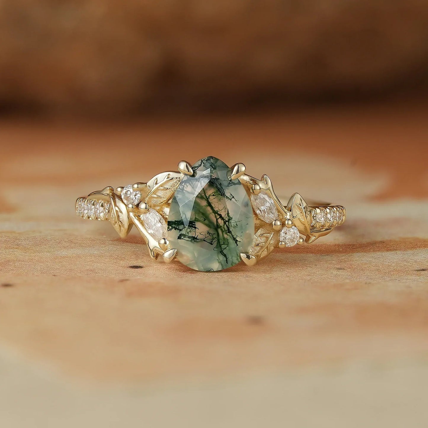 Vintage Pear Shaped Moss Agate Ring - Bryony - GemsMagic