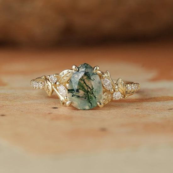 Vintage Pear Shaped Moss Agate Ring - Bryony - GemsMagic