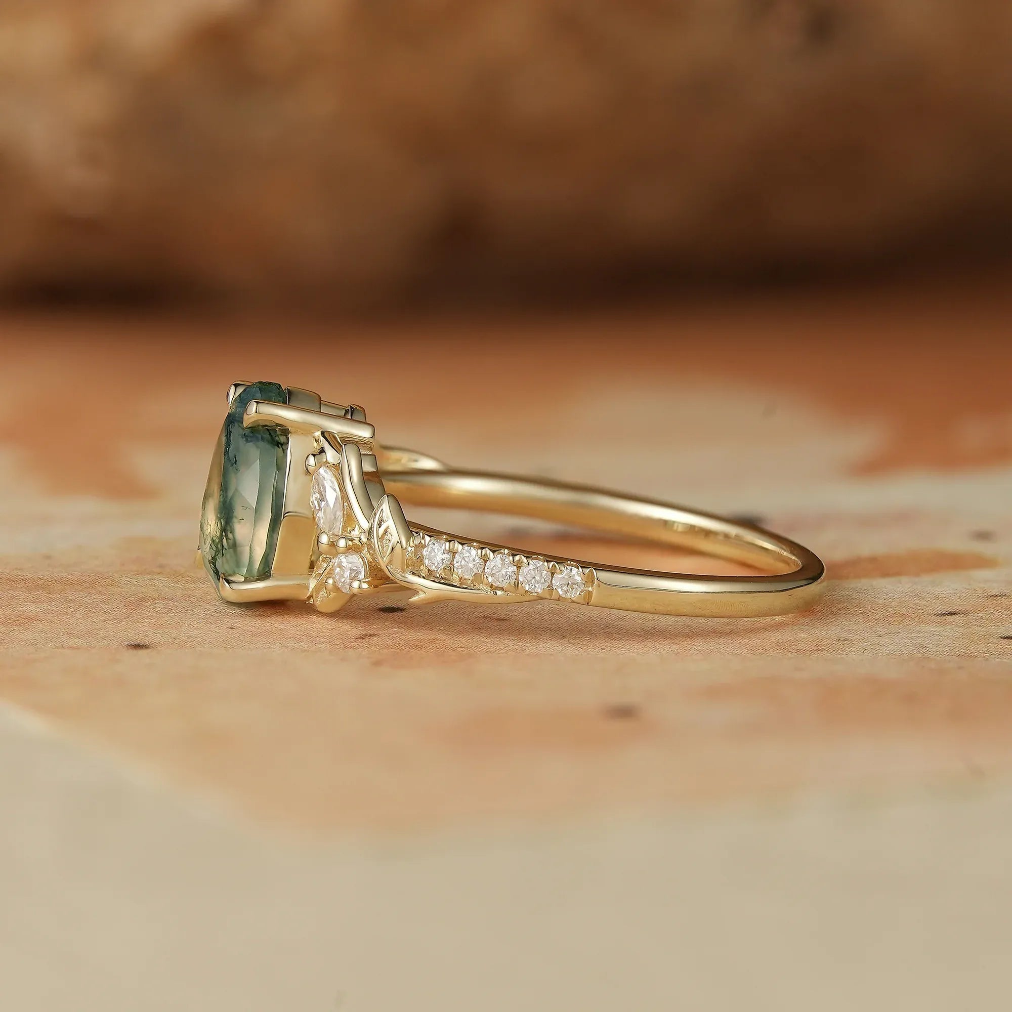 Vintage Pear Shaped Moss Agate Ring - Bryony - GemsMagic