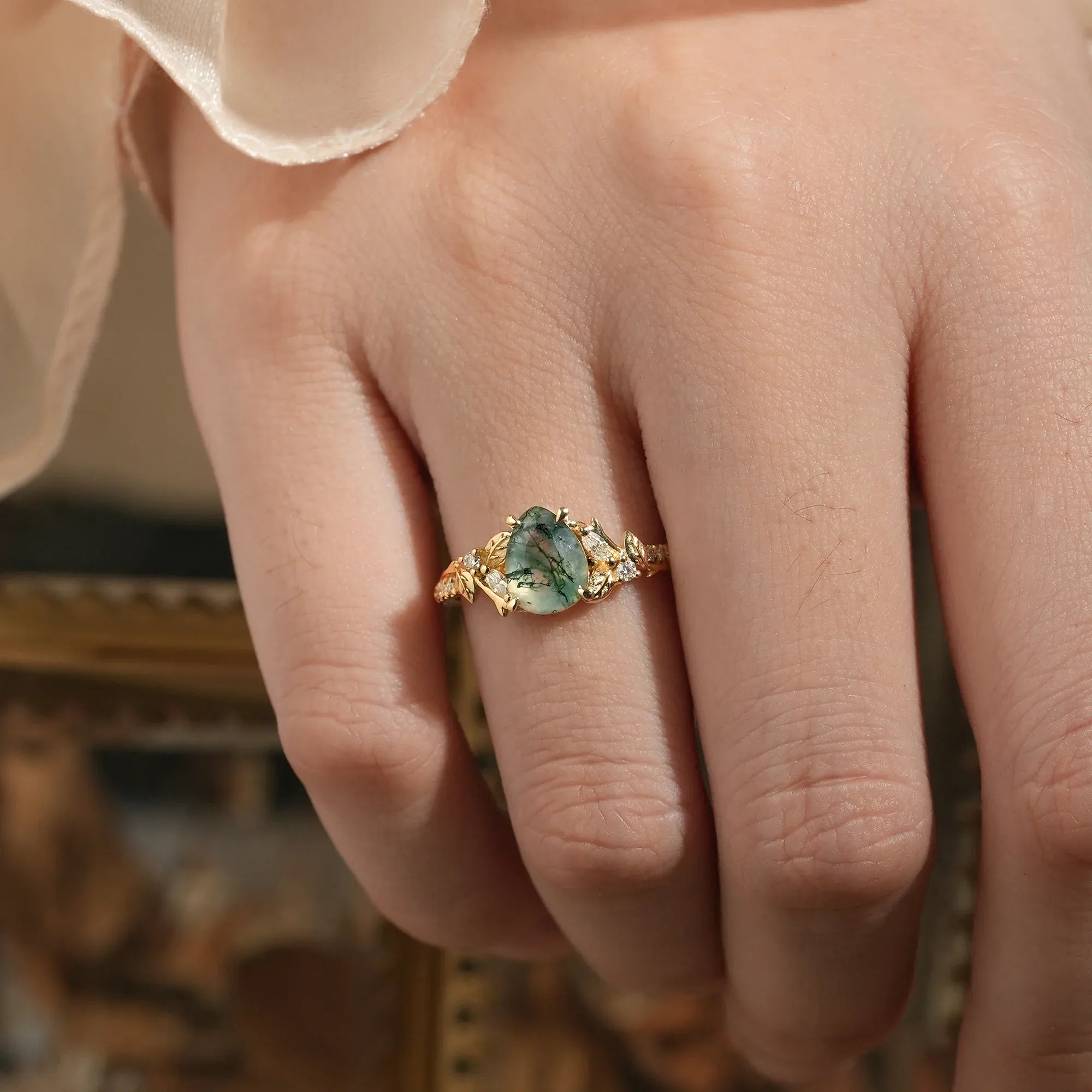 Vintage Pear Shaped Moss Agate Ring - Bryony - GemsMagic
