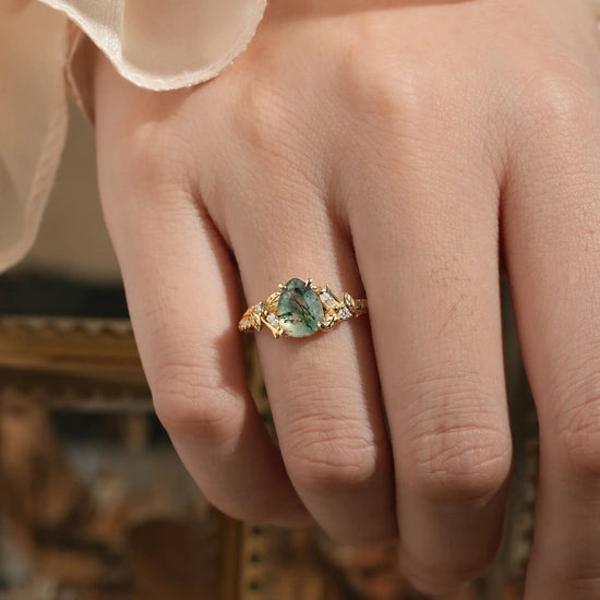 Vintage Pear Shaped Moss Agate Ring - Bryony - GemsMagic