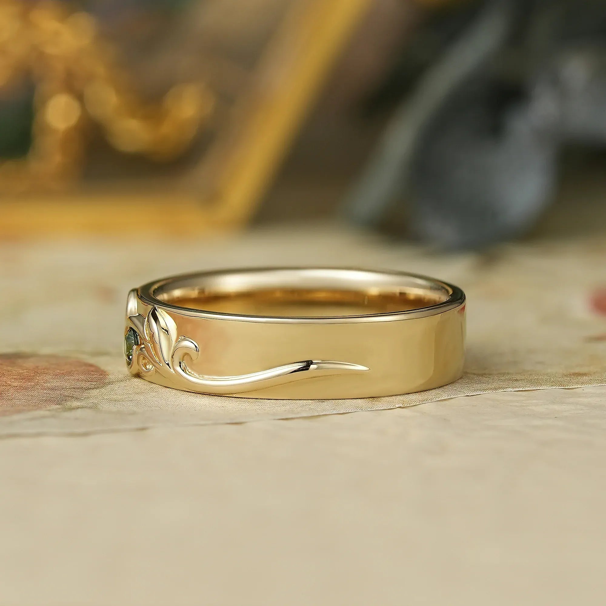 Vintage Scroll Leaf Inspired Natural Green Sapphire Men's Band - Everett - GemsMagic