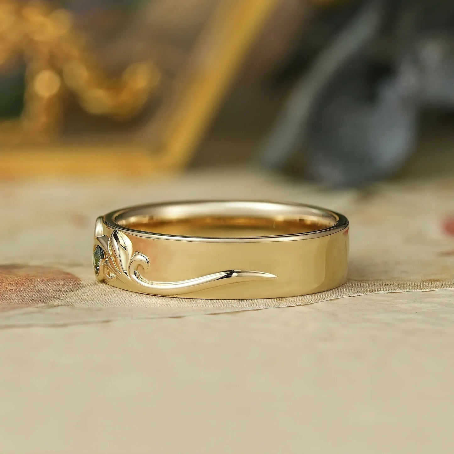 Vintage Scroll Leaf Inspired Natural Green Sapphire Men's Band - Everett - GemsMagic