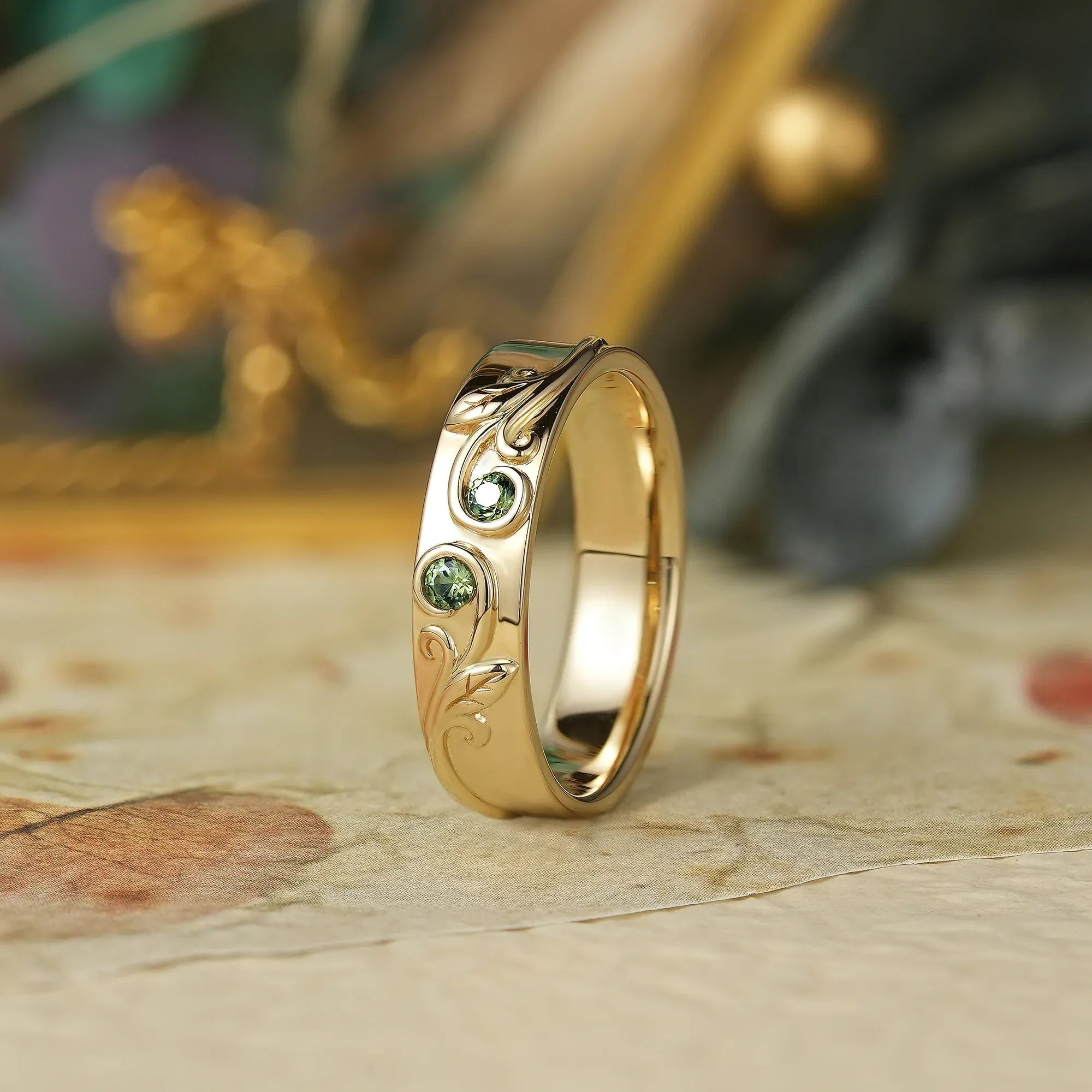 Vintage Scroll Leaf Inspired Natural Green Sapphire Men's Band - Everett - GemsMagic