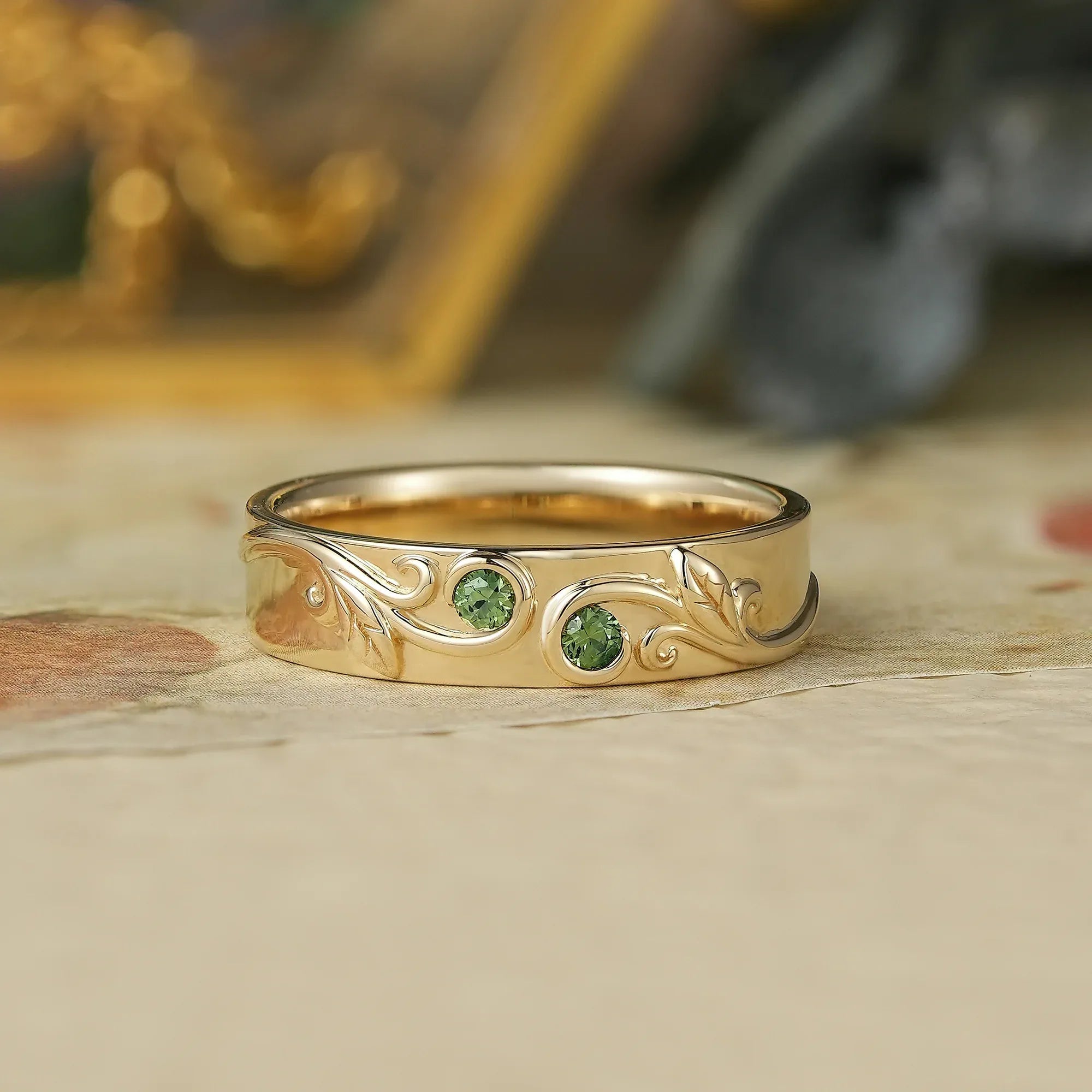 Vintage Scroll Leaf Inspired Natural Green Sapphire Men's Band - Everett - GemsMagic