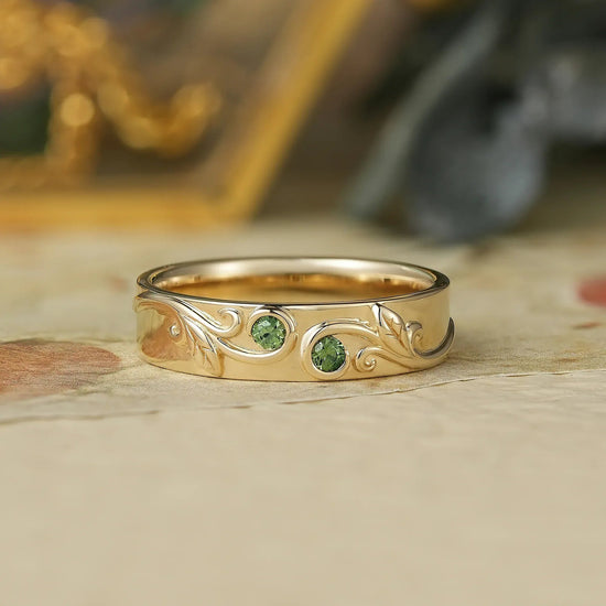Vintage Scroll Leaf Inspired Natural Green Sapphire Men's Band - Everett - GemsMagic