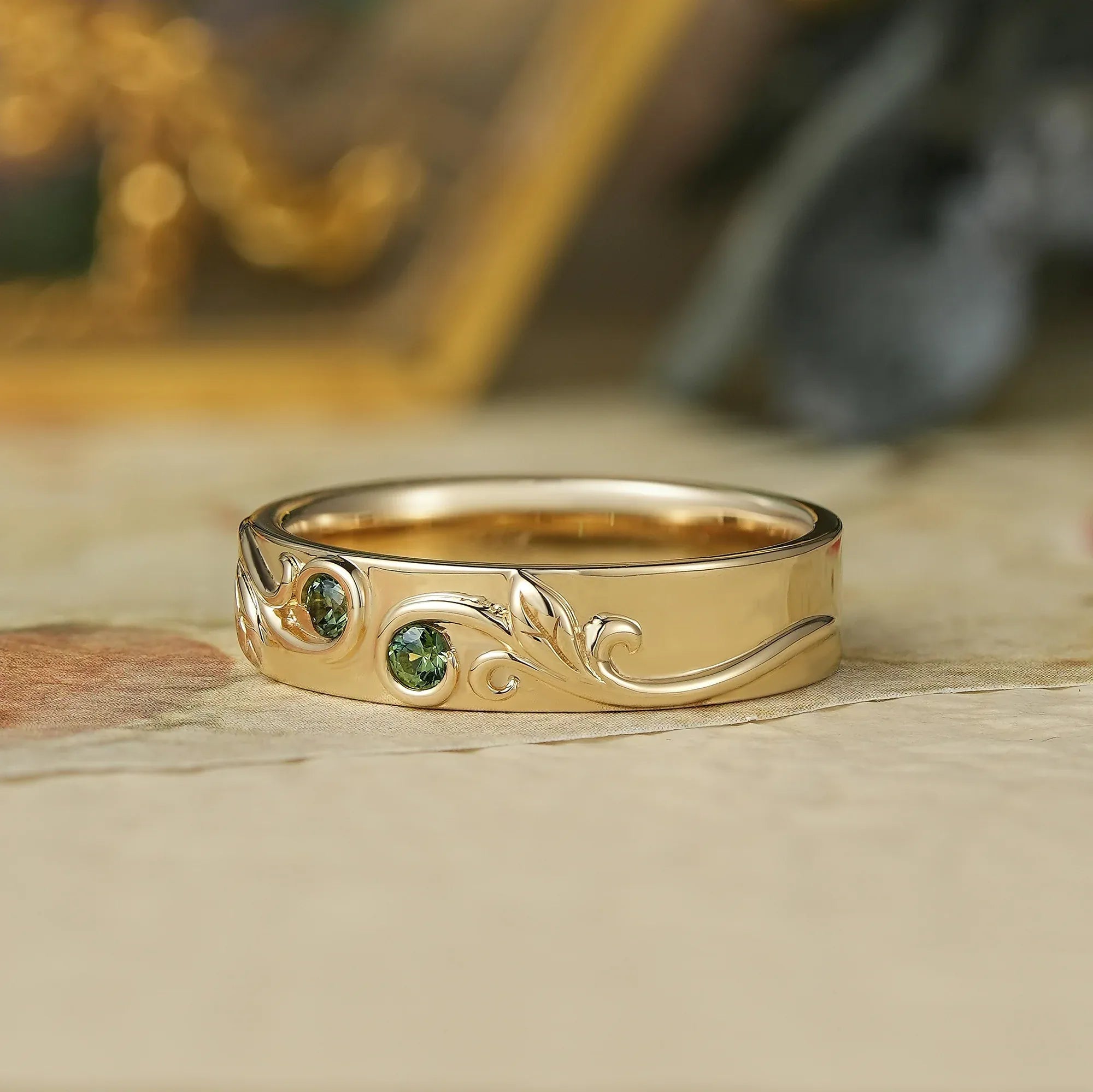 Vintage Scroll Leaf Inspired Natural Green Sapphire Men's Band - Everett - GemsMagic