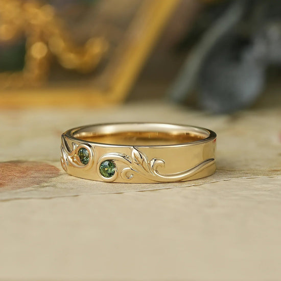 Vintage Scroll Leaf Inspired Natural Green Sapphire Men's Band - Everett - GemsMagic