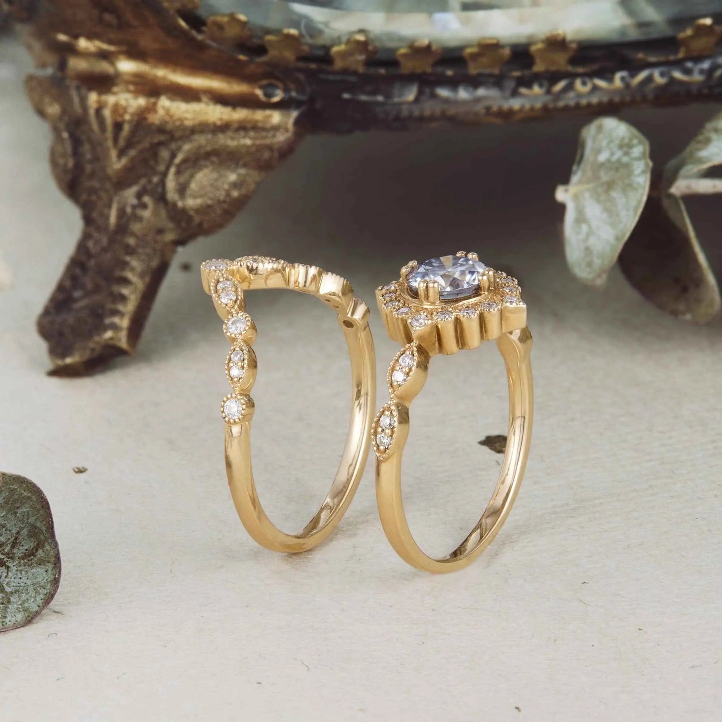 Vintage Small Sun Gray Moissanite Ring Set 2pcs - GemsMagic - GemsMagic