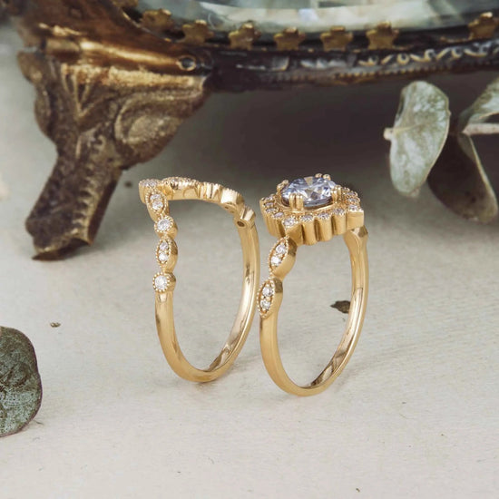 Vintage Small Sun Gray Moissanite Ring Set 2pcs - GemsMagic - GemsMagic