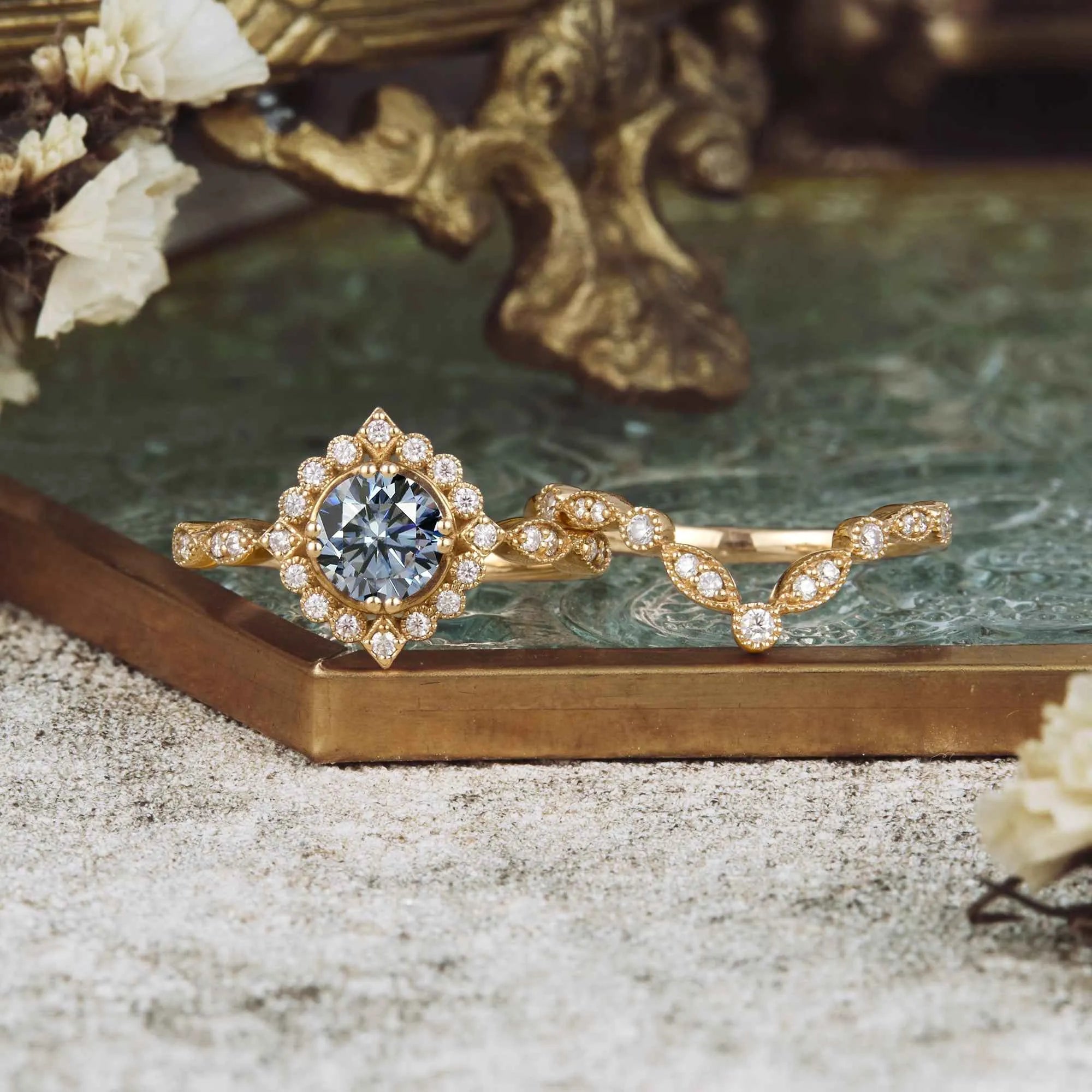 Vintage Small Sun Gray Moissanite Ring Set 2pcs - GemsMagic - GemsMagic