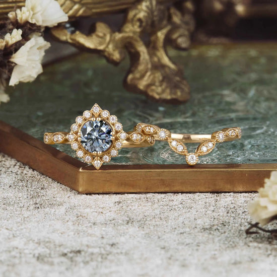 Vintage Small Sun Gray Moissanite Ring Set 2pcs - GemsMagic - GemsMagic