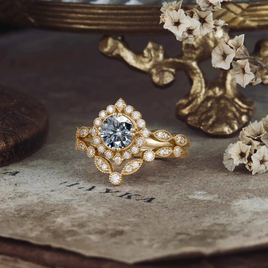 Vintage Small Sun Gray Moissanite Ring Set 2pcs - GemsMagic - GemsMagic