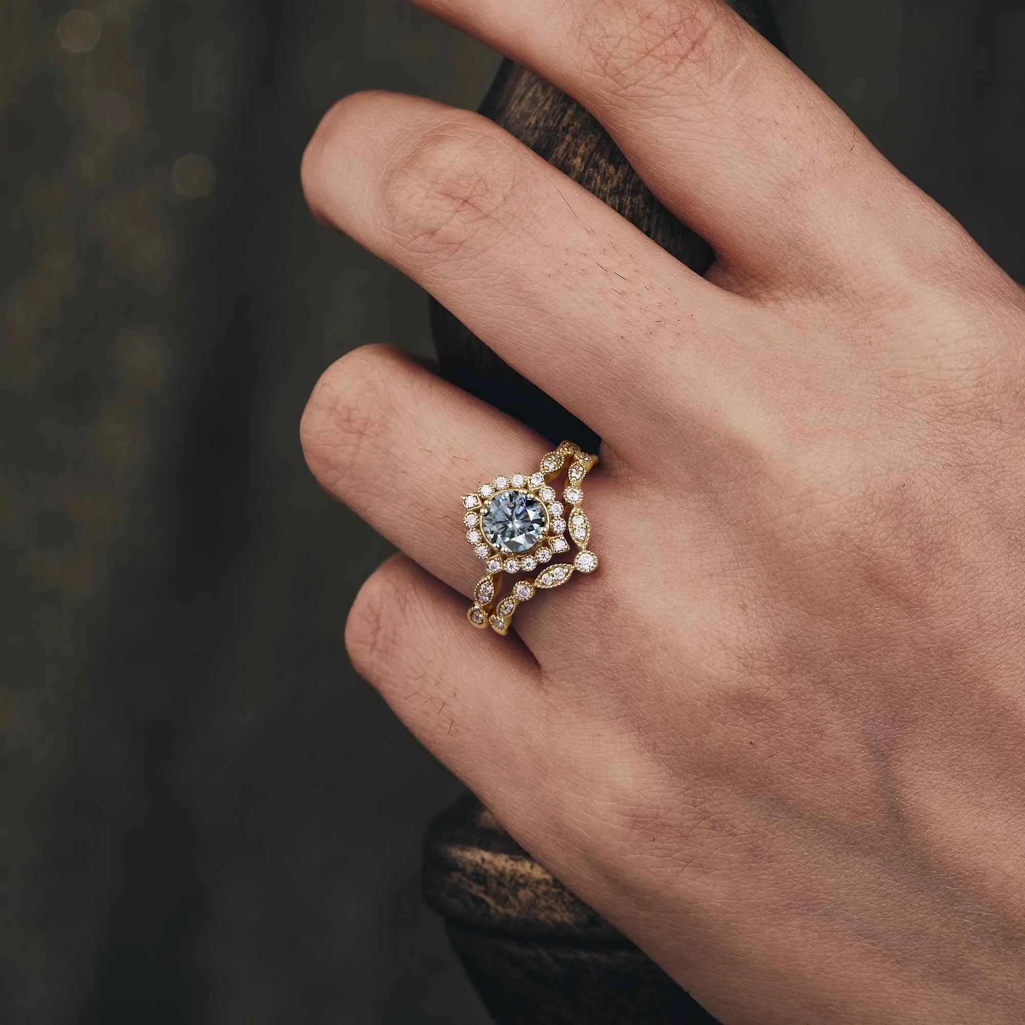 Vintage Small Sun Gray Moissanite Ring Set 2pcs - GemsMagic - GemsMagic