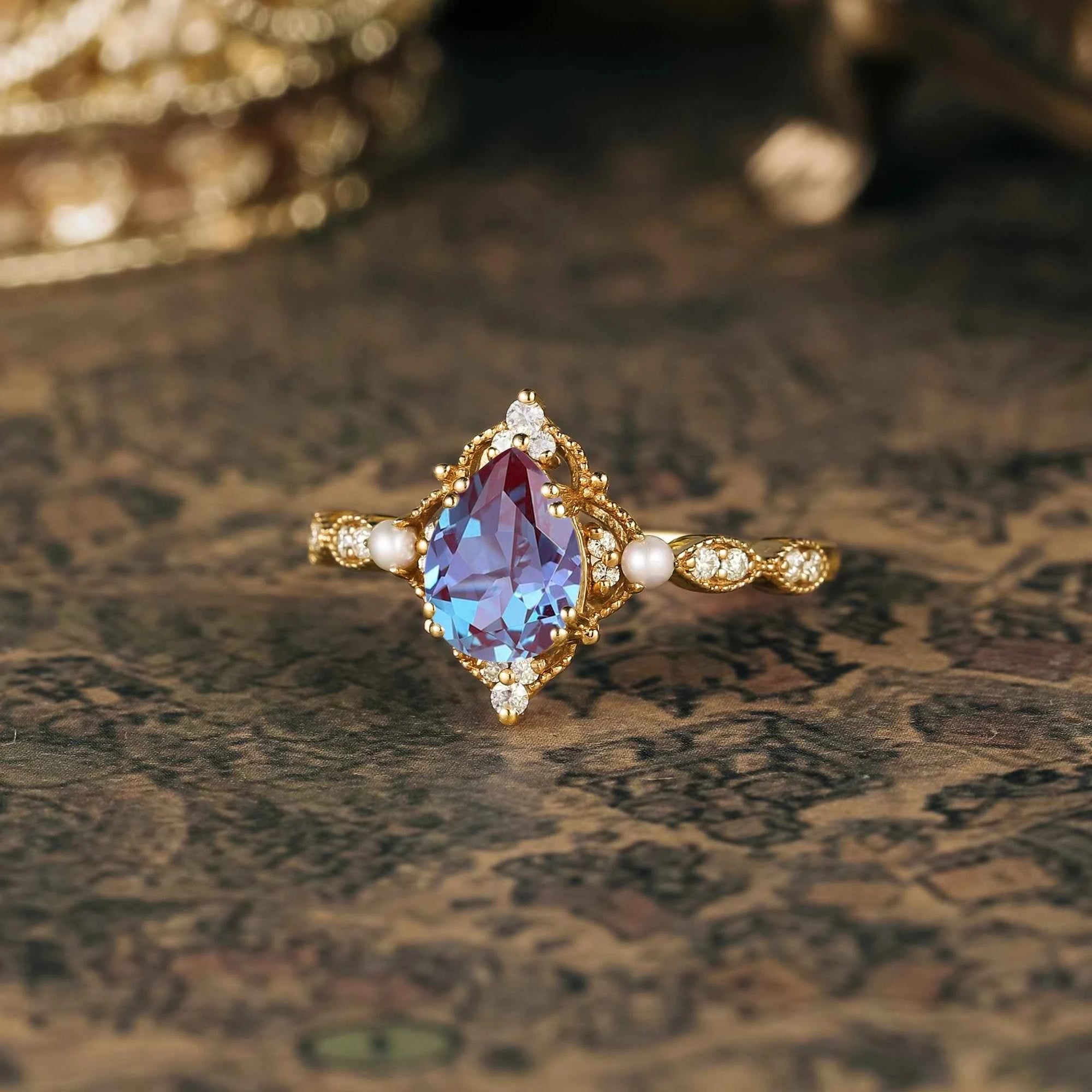 Pear Cut Alexandrite Milgrain Vintage Engagement Ring