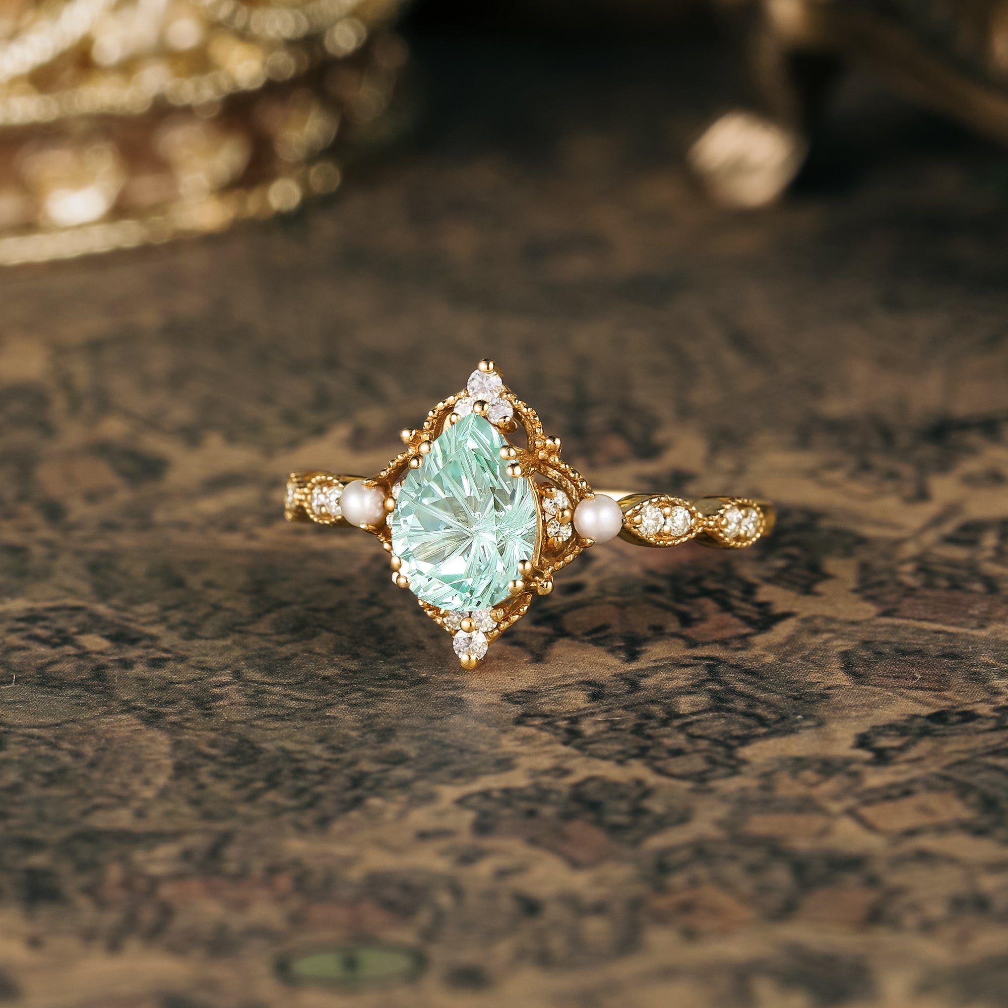 Sparkle Cut Pear Green Sapphire Milgrain Vintage Engagement Ring - Eulalie