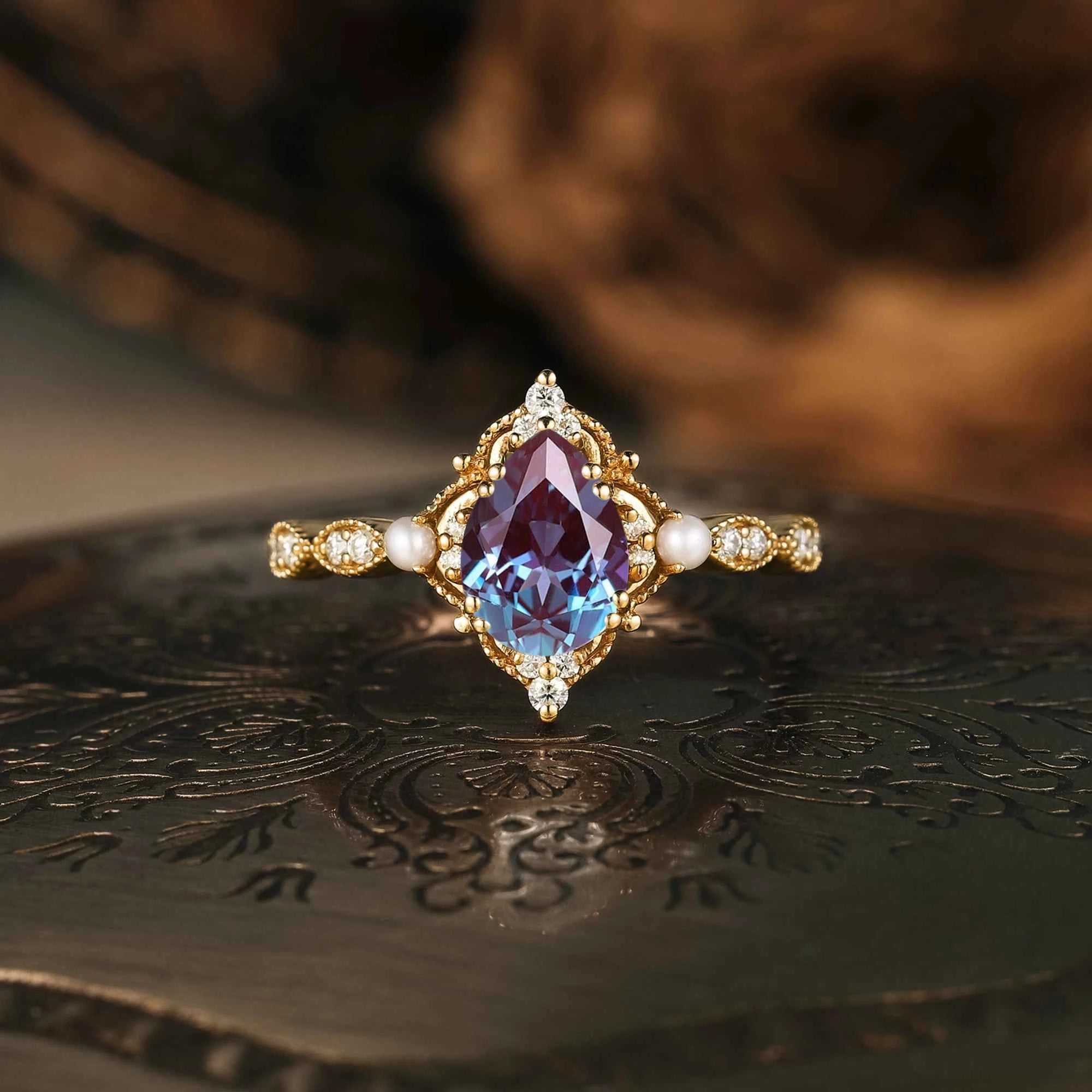 Pear Cut Alexandrite Milgrain Vintage Engagement Ring