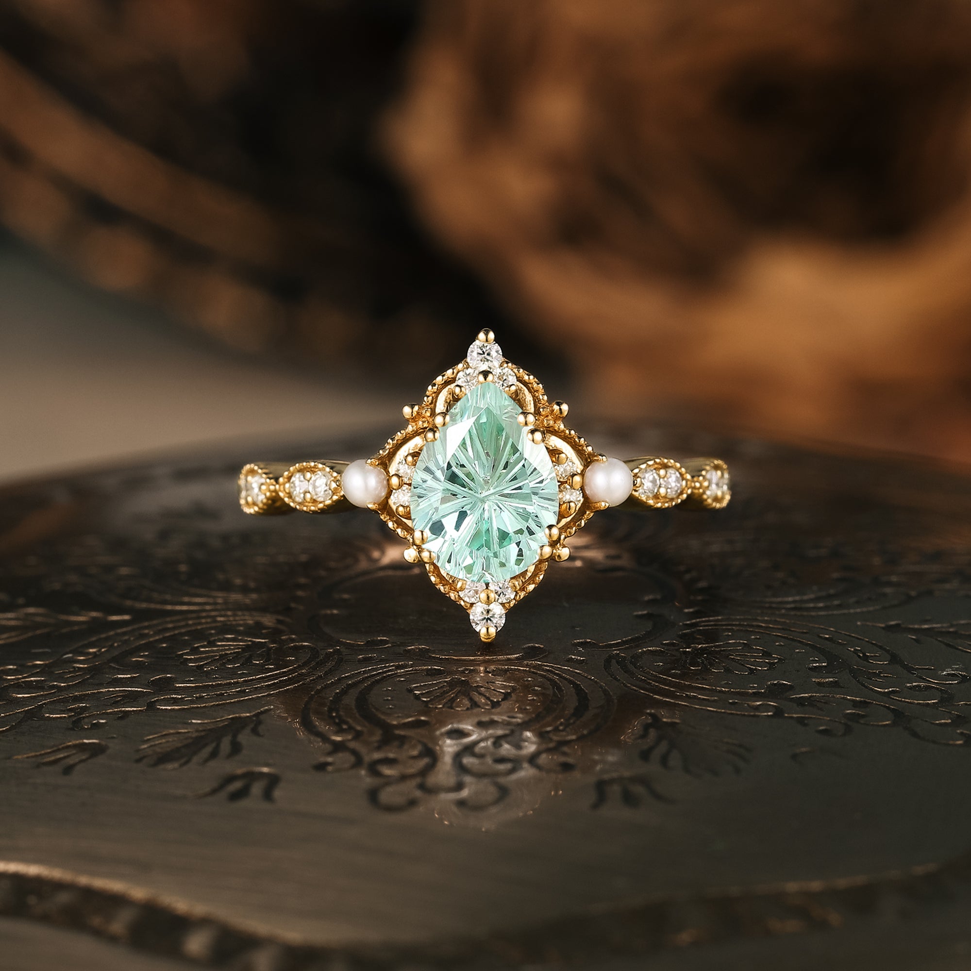 Sparkle Cut Pear Green Sapphire Milgrain Vintage Engagement Ring - Eulalie