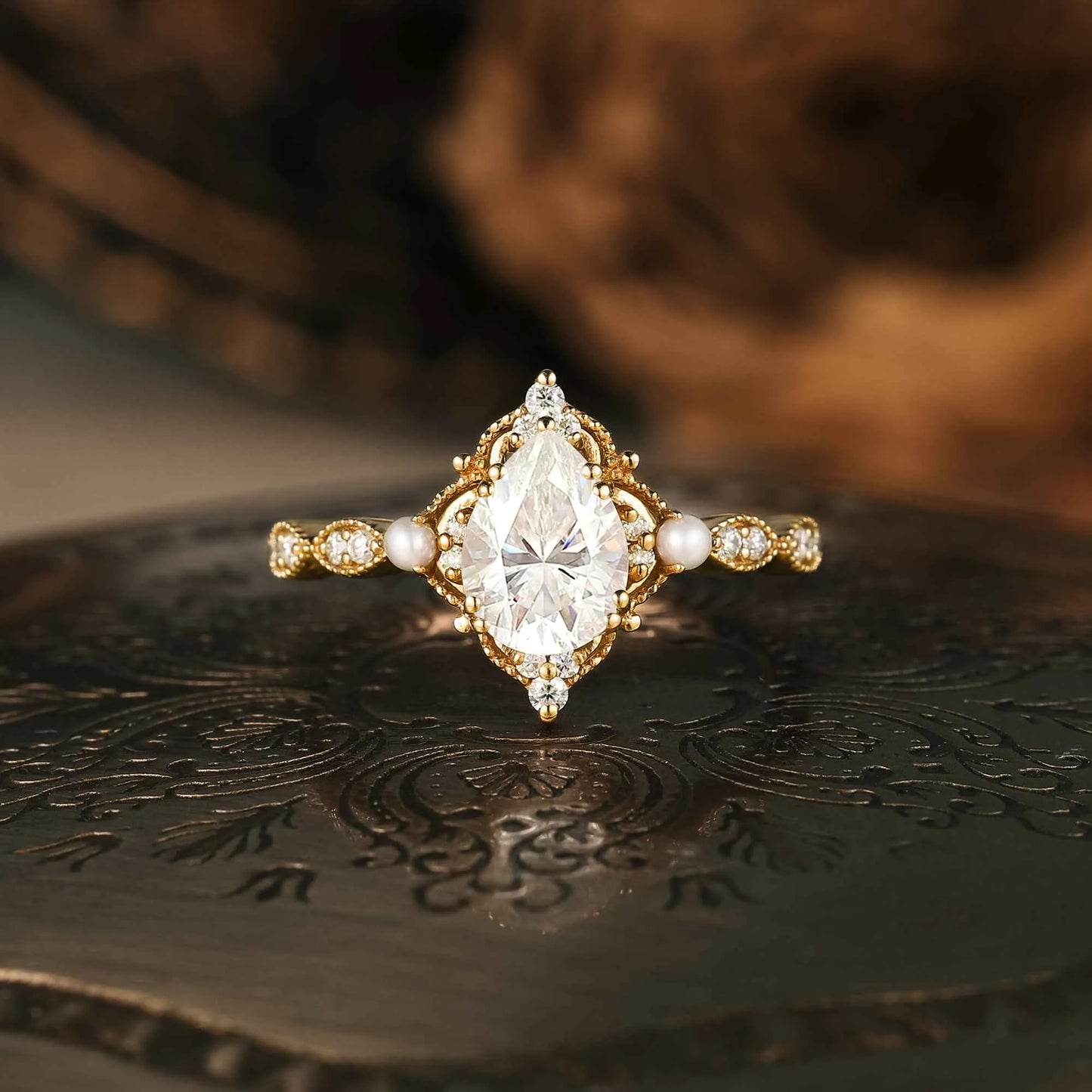 Moissanite Ring with Pearl Accents