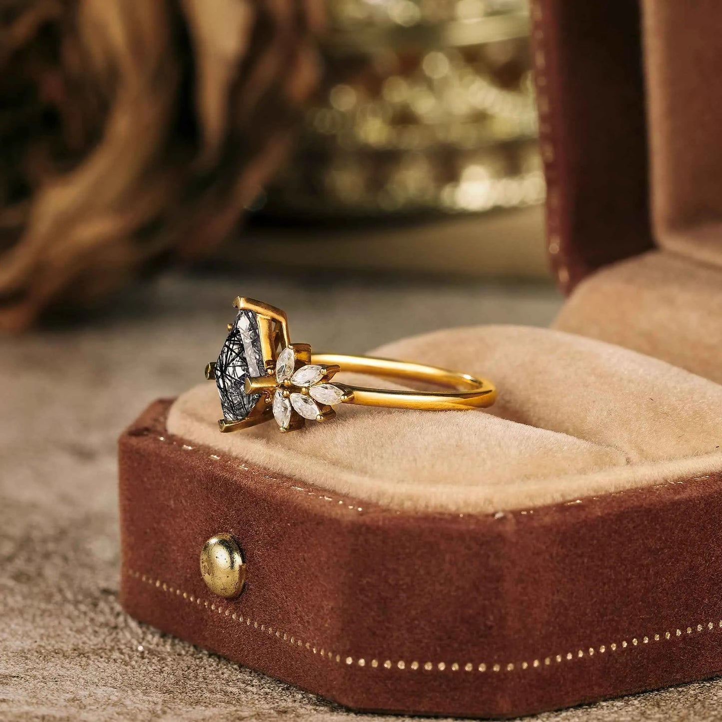 Kite Shaped Black Rutilated Quartz Engagement Ring