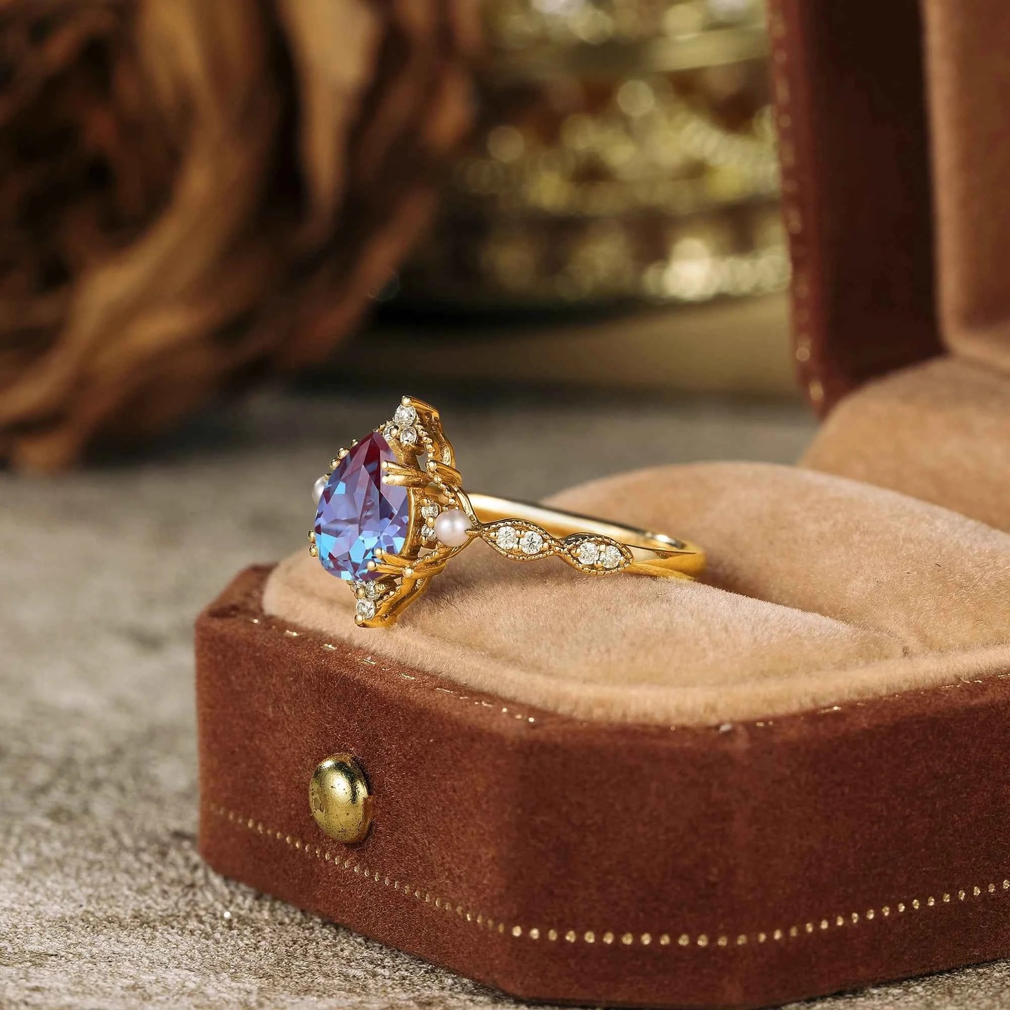 Pear Cut Alexandrite Milgrain Vintage Engagement Ring