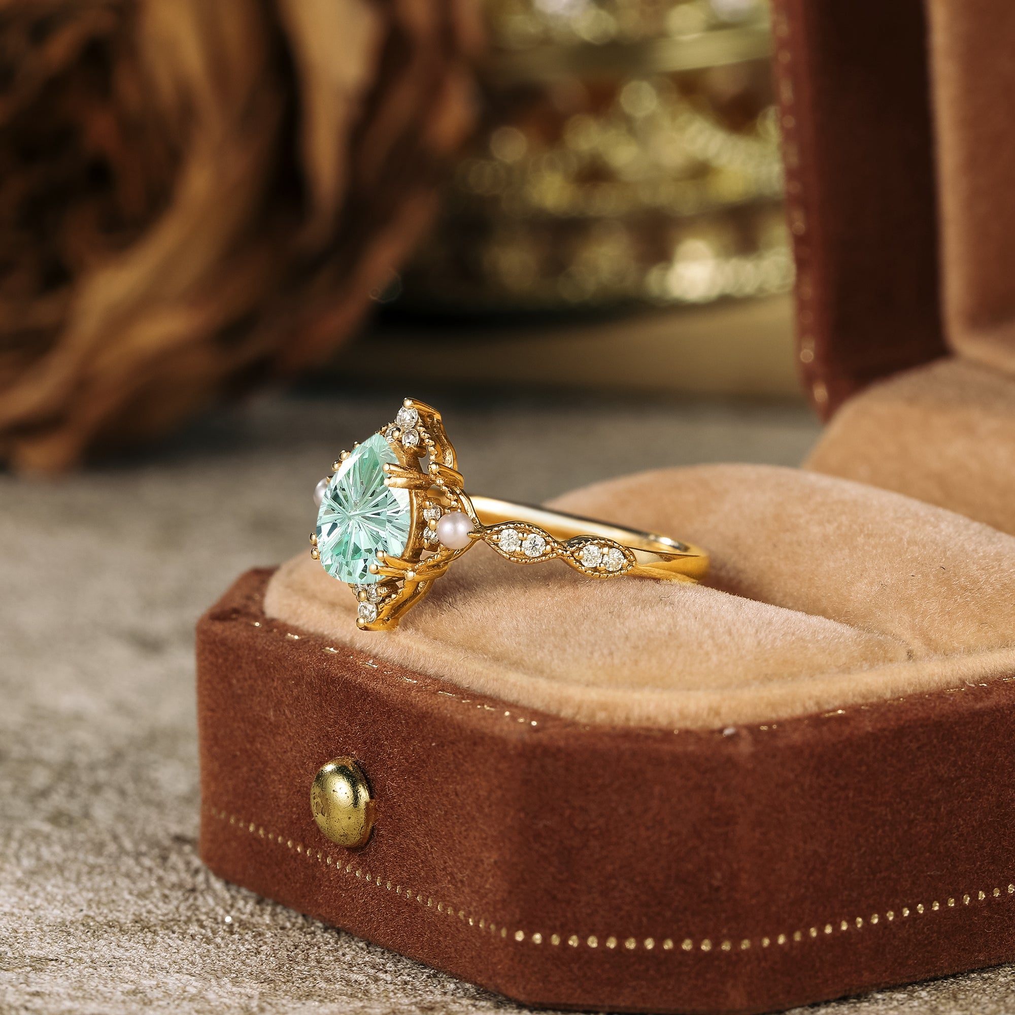 Sparkle Cut Pear Green Sapphire Milgrain Vintage Engagement Ring - Eulalie