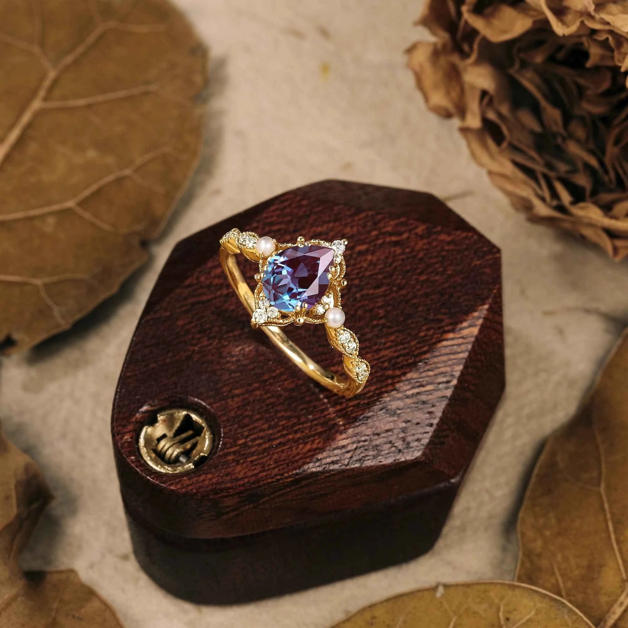 Pear Cut Alexandrite Milgrain Vintage Engagement Ring