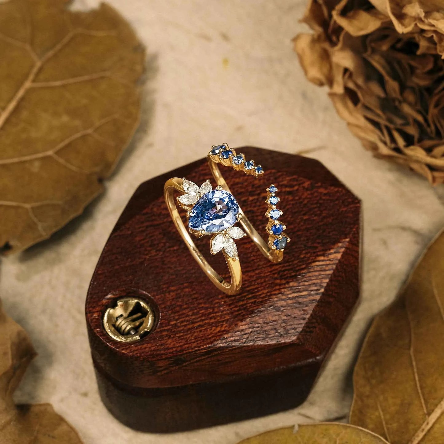 Blue Wisteria Inspired Sapphire Ring Set 2pcs