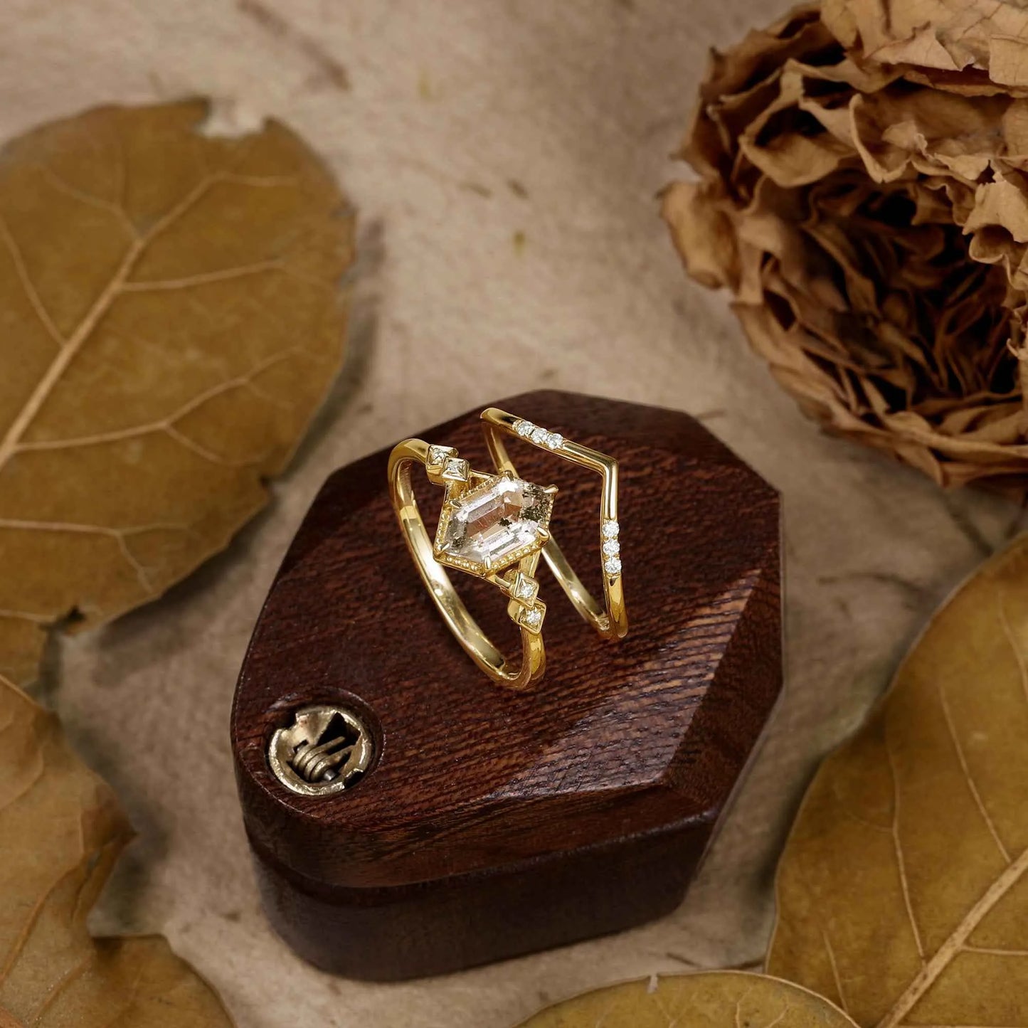Long Hexagon Cut Herkimer Diamond Ring Set