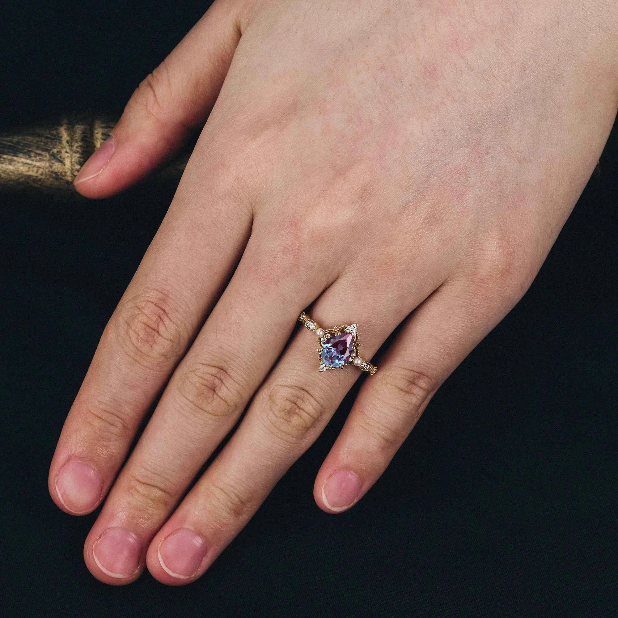 Pear Cut Alexandrite Milgrain Vintage Engagement Ring