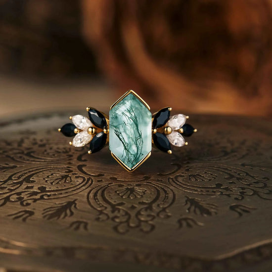 Long Hexagon Cut Moss Agate Ring