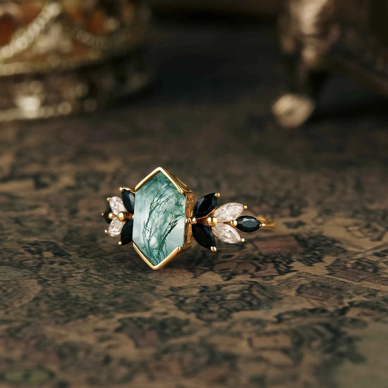Long Hexagon Cut Moss Agate Ring
