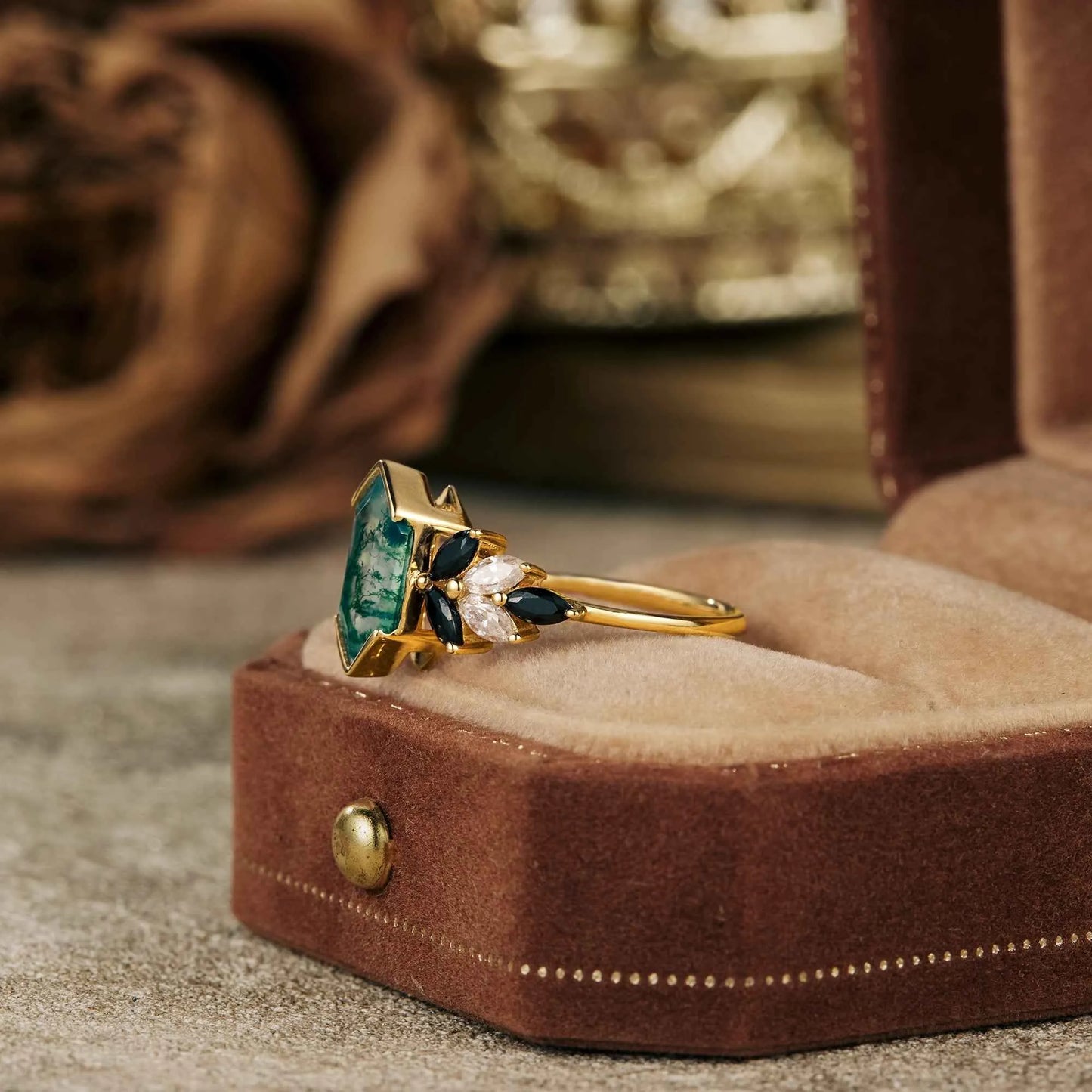 Long Hexagon Cut Moss Agate Ring
